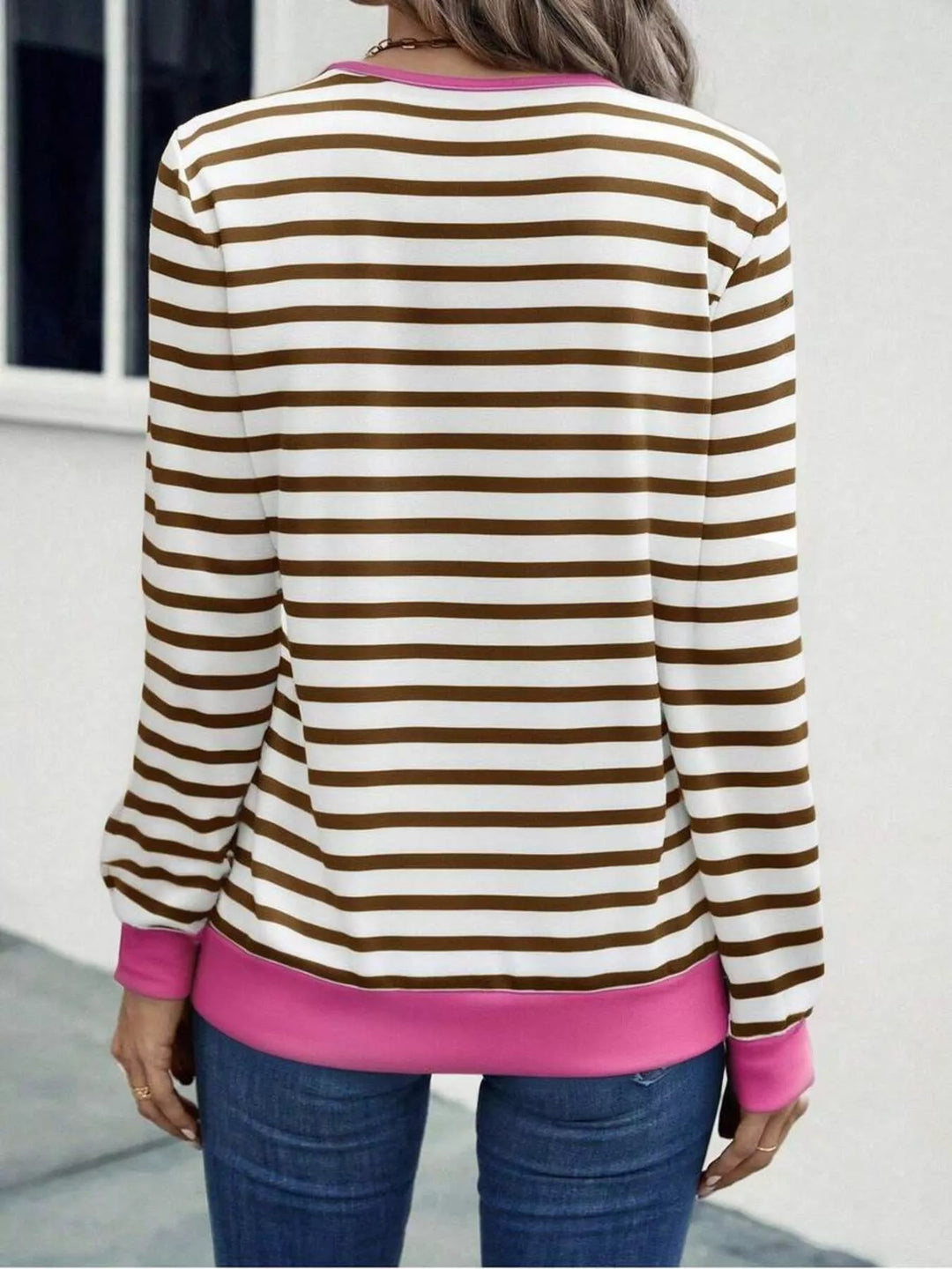 Striped V-neck long sleeve top with contrast trim