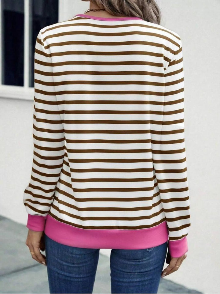 Striped V-neck long sleeve top with contrast trim