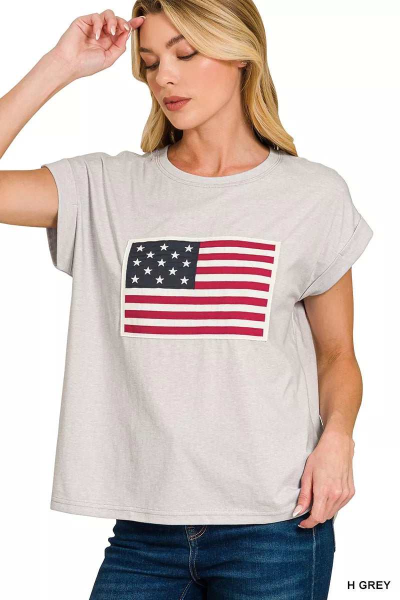 H GREY American flag patch crew neck short sleeve tee