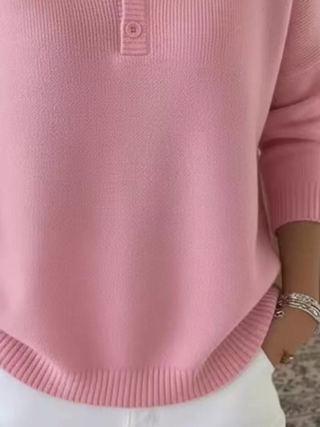 Henley button knit sweater with ribbed trim