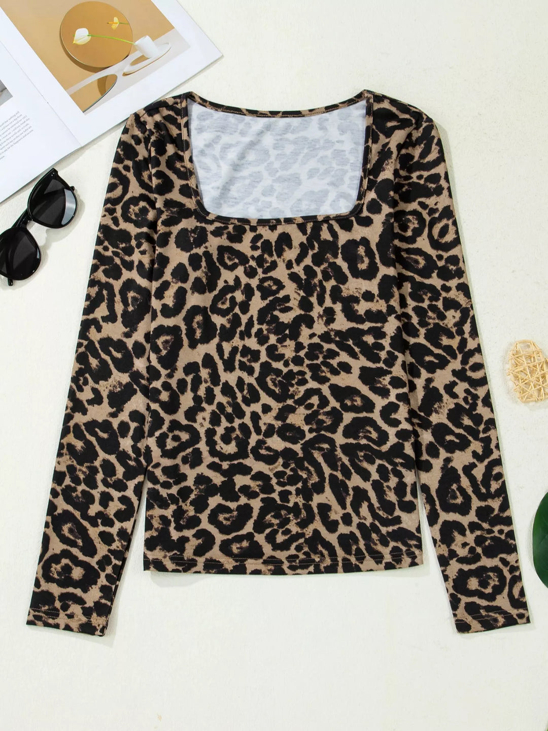 Leopard print square neck top with flared long sleeves