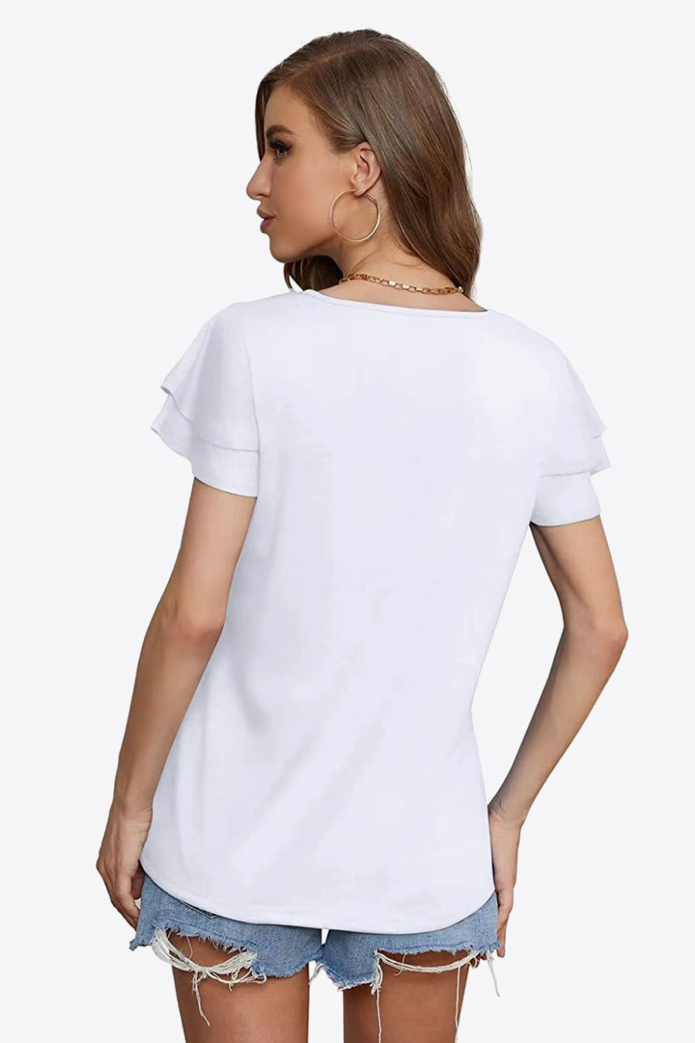 Tiered flutter sleeve blouse with split tie neck