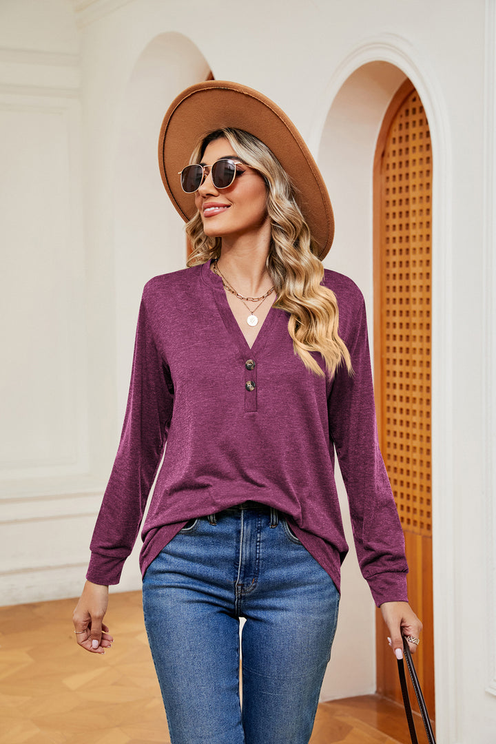 Notch neck long sleeve top with button placket