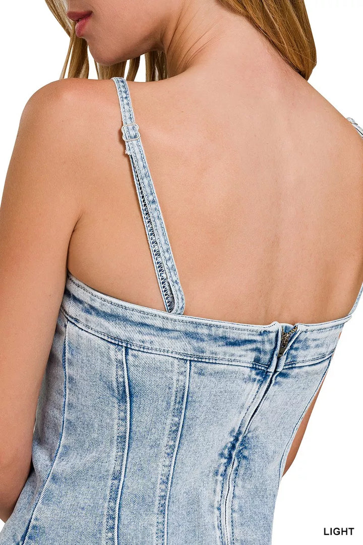Exposed seam spaghetti strap denim mini dress with raw hem