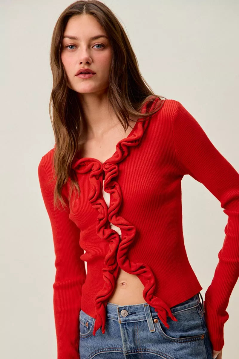 Ribbed knit cardigan with cascade ruffle trim