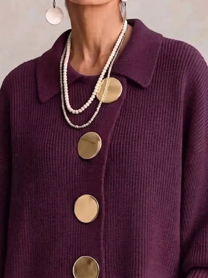 Oversized gold button ribbed knit collared cardigan