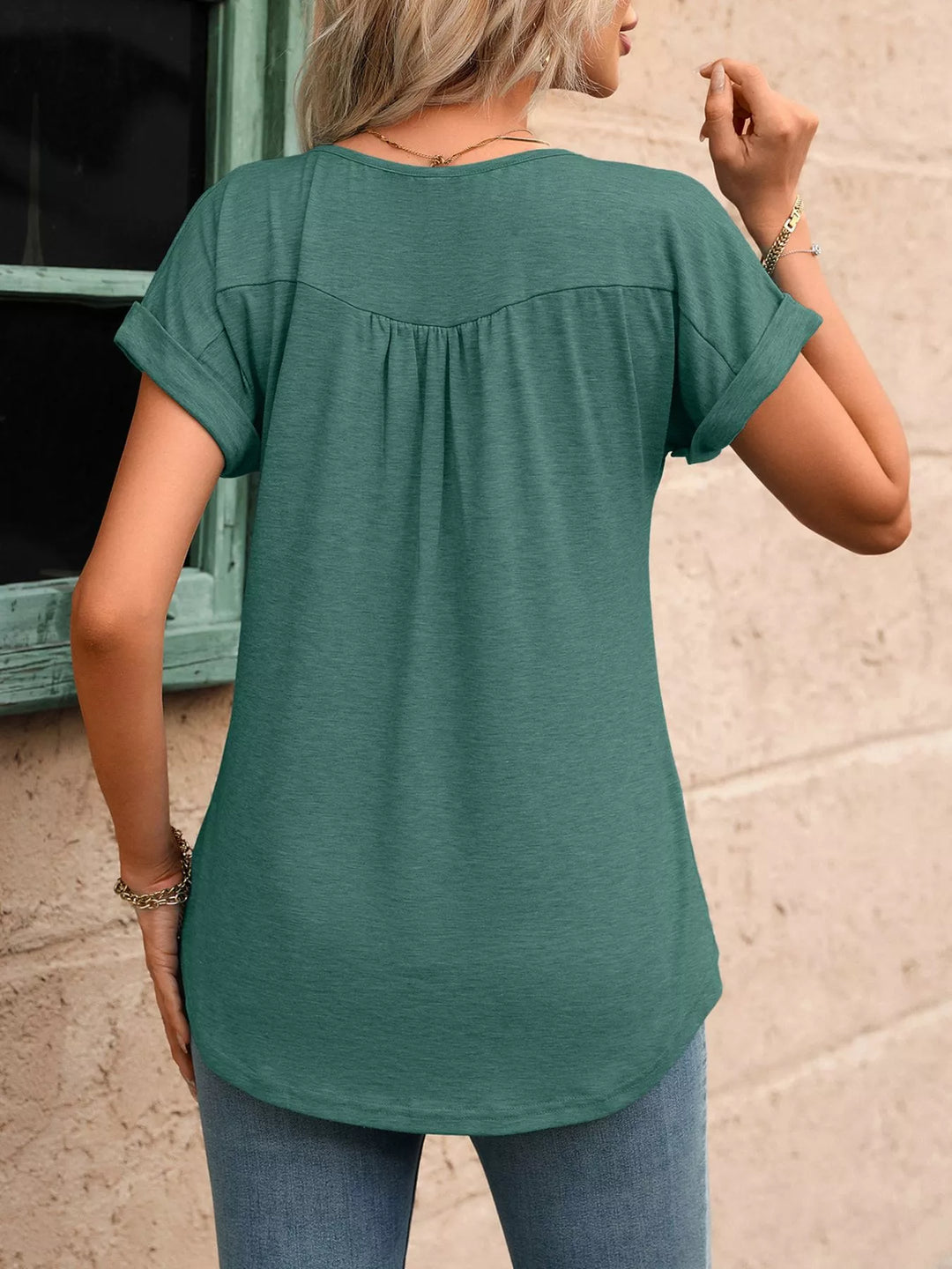 Ruched button-placket henley top with cap sleeves