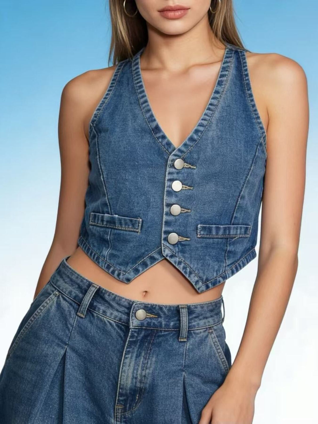 Dark Blue Cropped button-front denim vest with V-neck