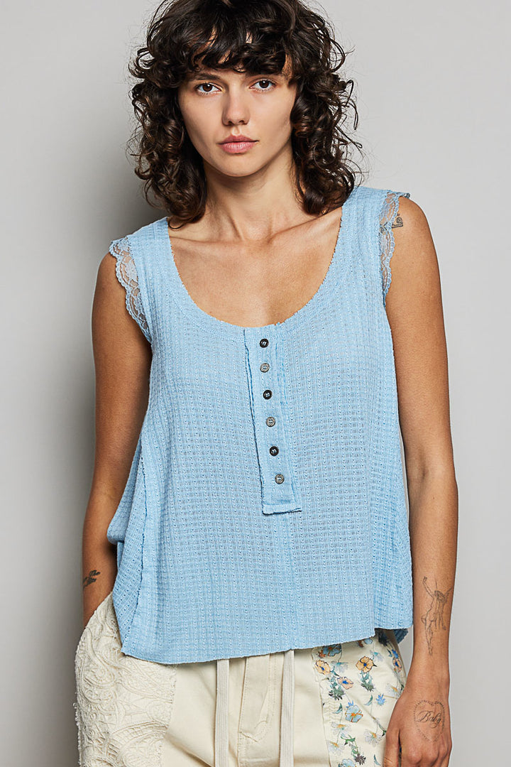 SKY BLUE Textured knit tank with lace trim and button placket