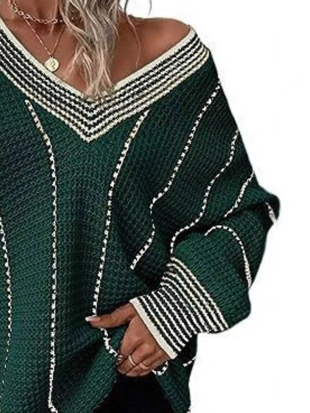 Waffle knit V-neck sweater with contrast stripe trim