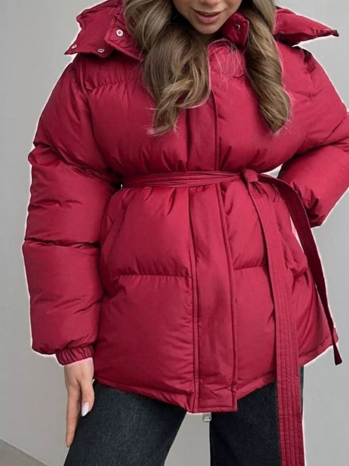 Burgundy Belted puffer winter coat with snap-off hood