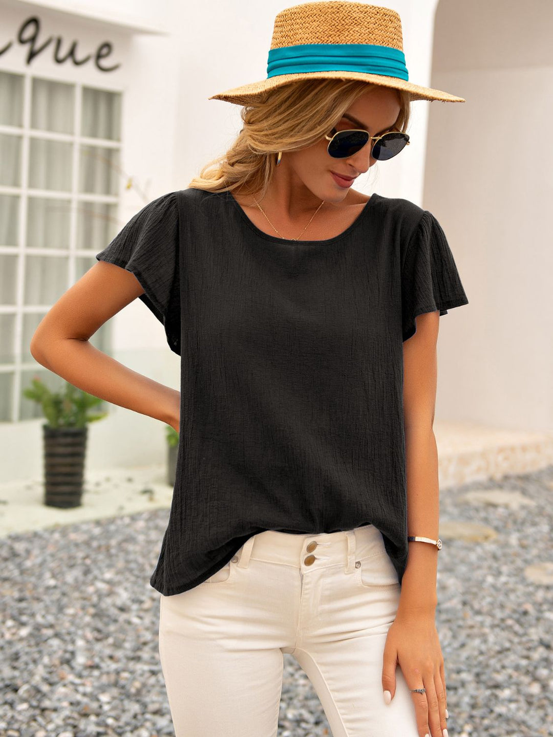 Tie-back cutout top with flutter sleeves