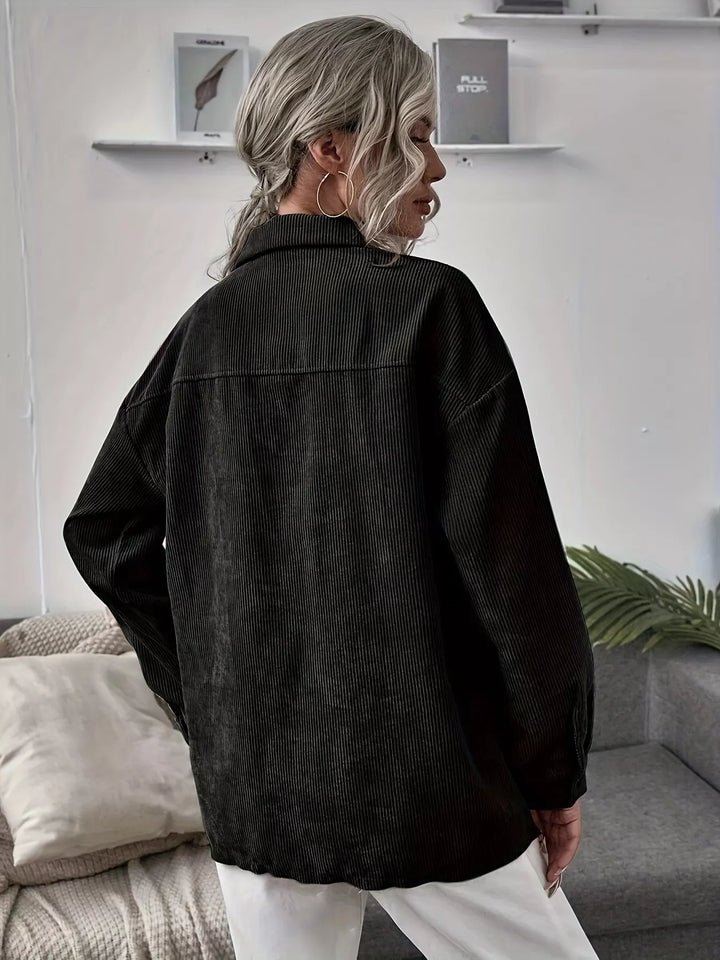Corduroy button-up shacket with flap chest pockets