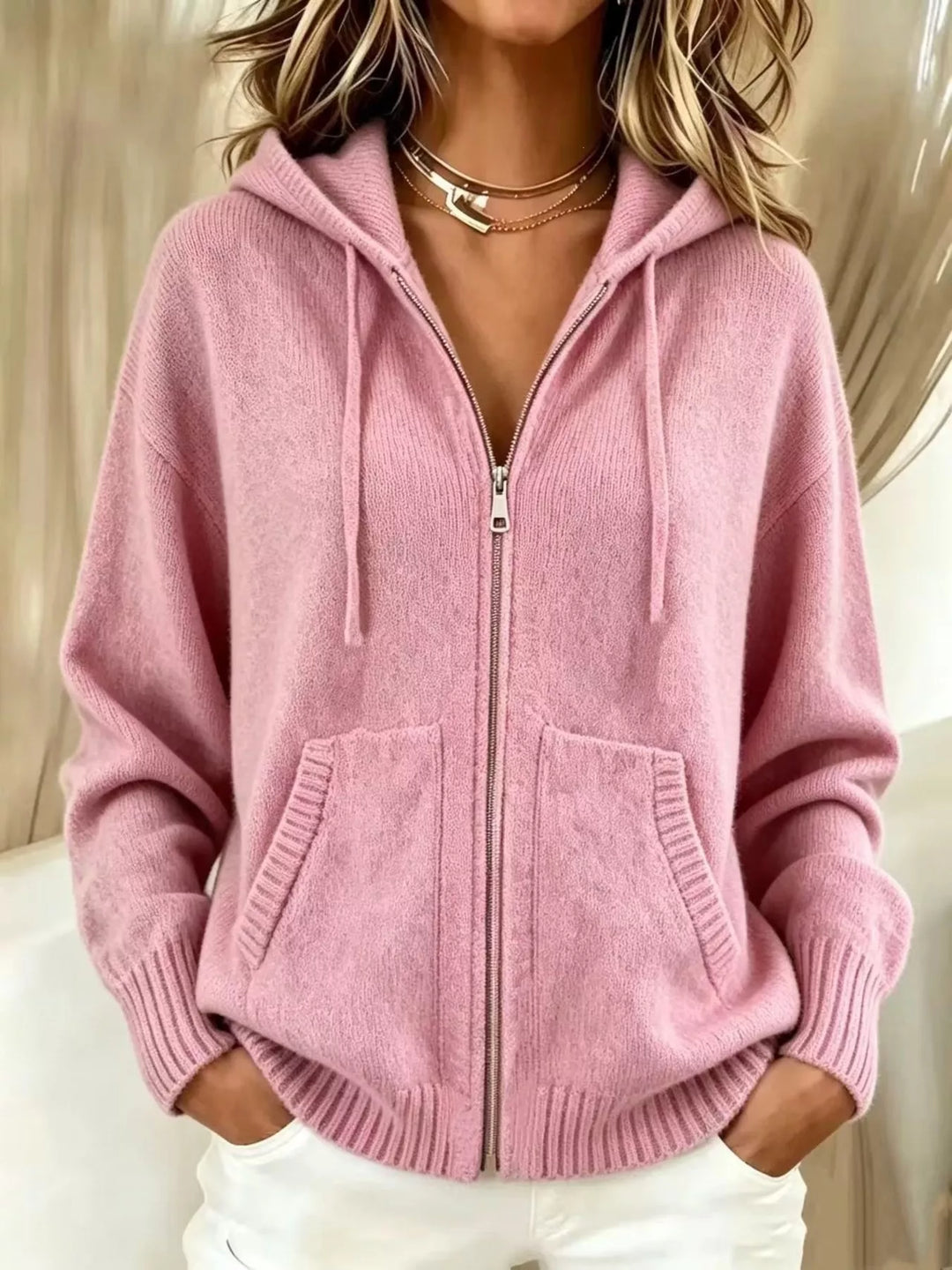 Pink Zip-front hooded knit cardigan with drawstring and pockets