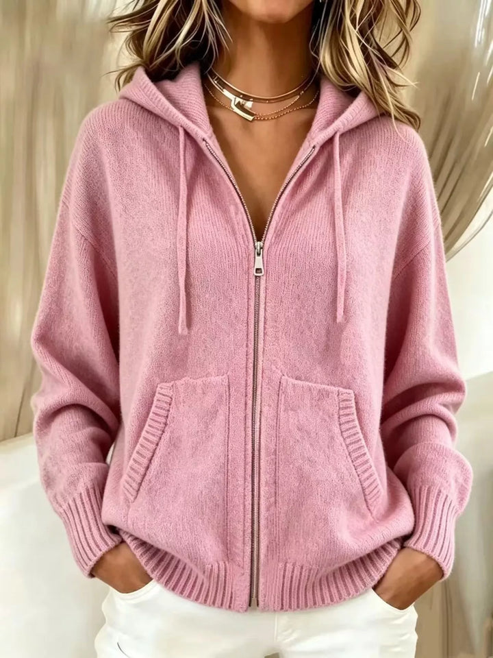 Pink Zip-front hooded knit cardigan with drawstring and pockets