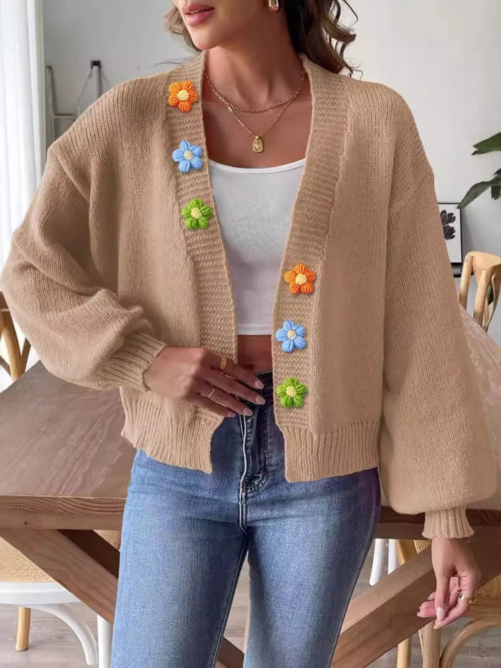 Khaki Floral applique open front knit cardigan with ribbed trim