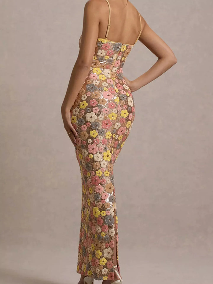 Floral sequin bodycon maxi dress with side slit