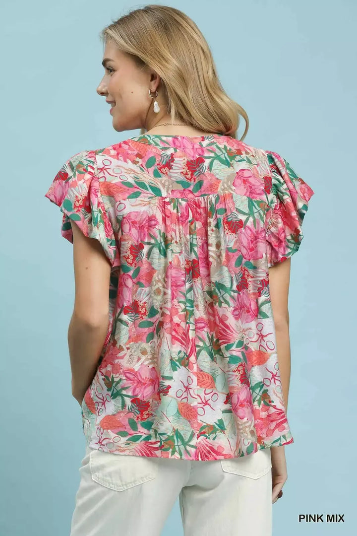 Tiered ruffle cap sleeve floral blouse with lace V-neck