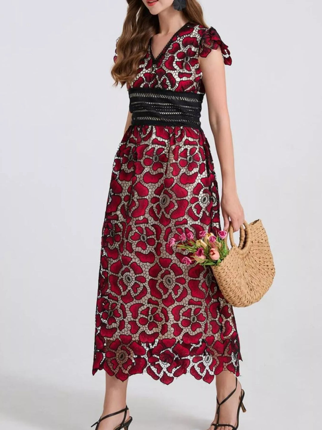 Embroidered floral lace V-neck midi dress with flutter sleeves