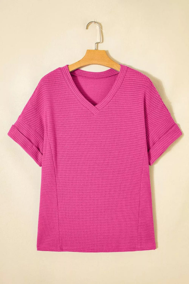 Waffle knit V-neck tee with cuffed short sleeves