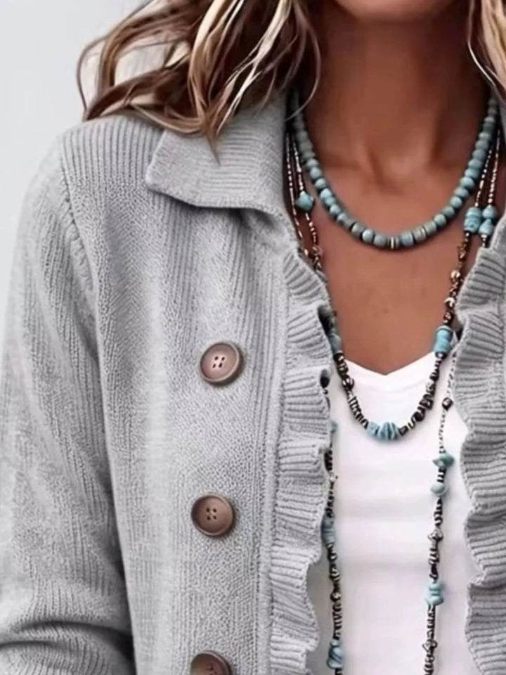 Ruffle trim knit cardigan with collar and decorative buttons