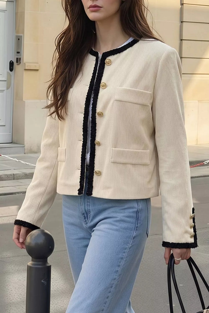 Contrast trim corduroy cropped jacket with gold buttons