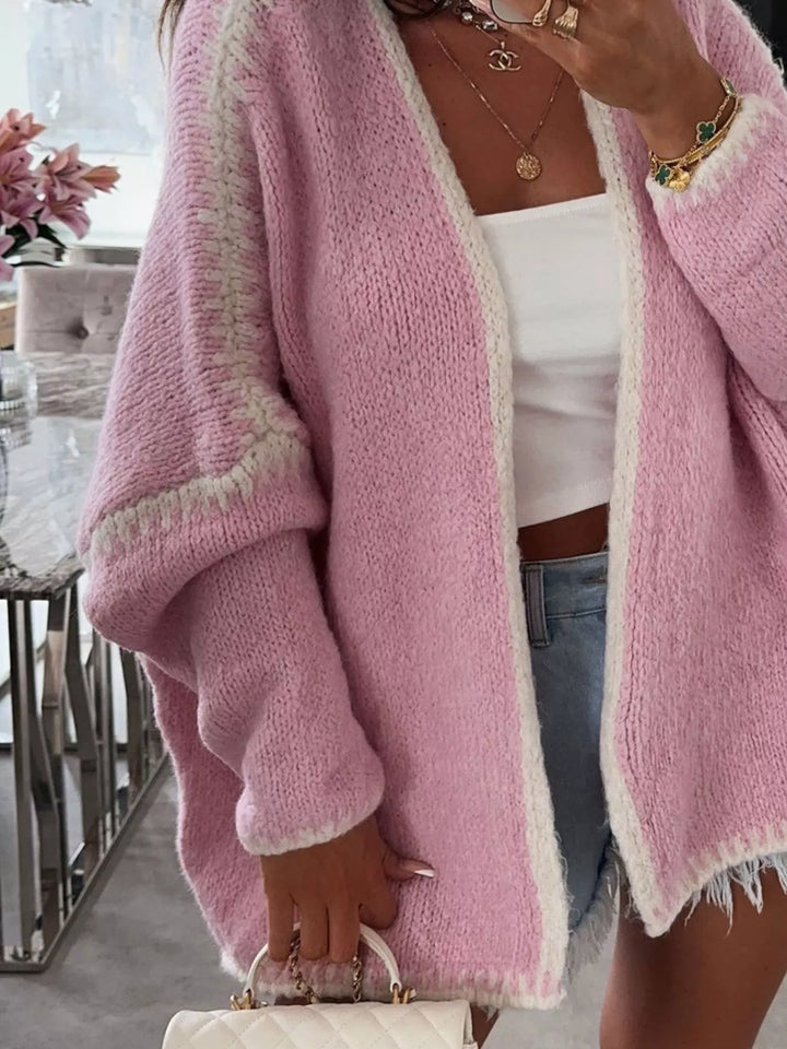 Contrast whipstitch trim open front knit cardigan