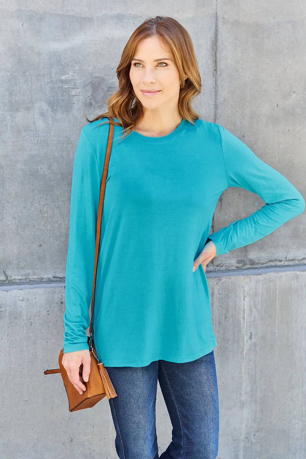 Cerulean Crew neck long sleeve top with curved hem
