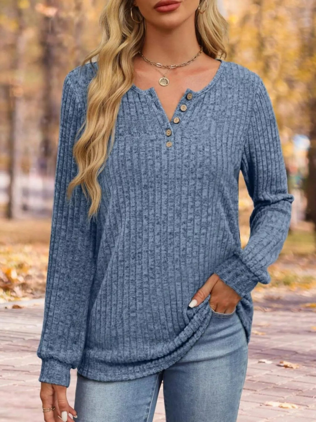 Ribbed knit button henley long sleeve top