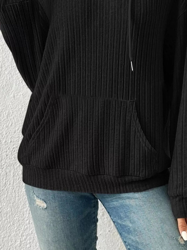 Ribbed knit hoodie with drawstring and kangaroo pocket