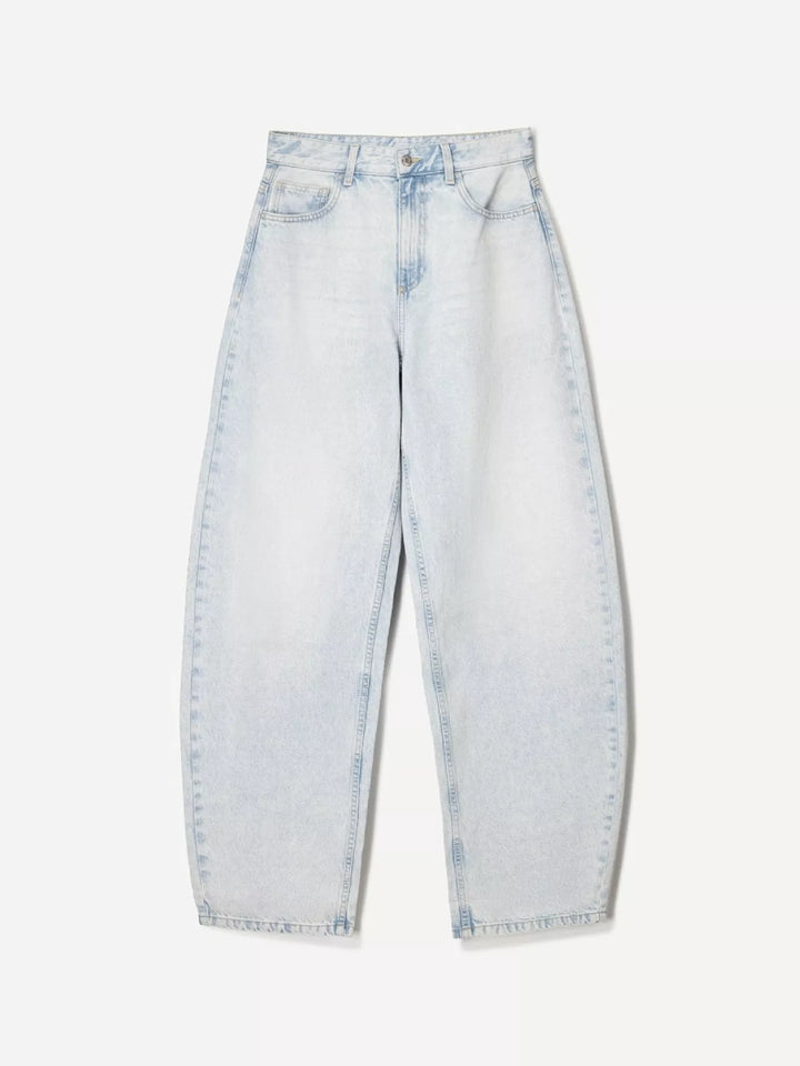 Light Blue Mid-rise wide-leg washed denim jeans with five-pocket styling