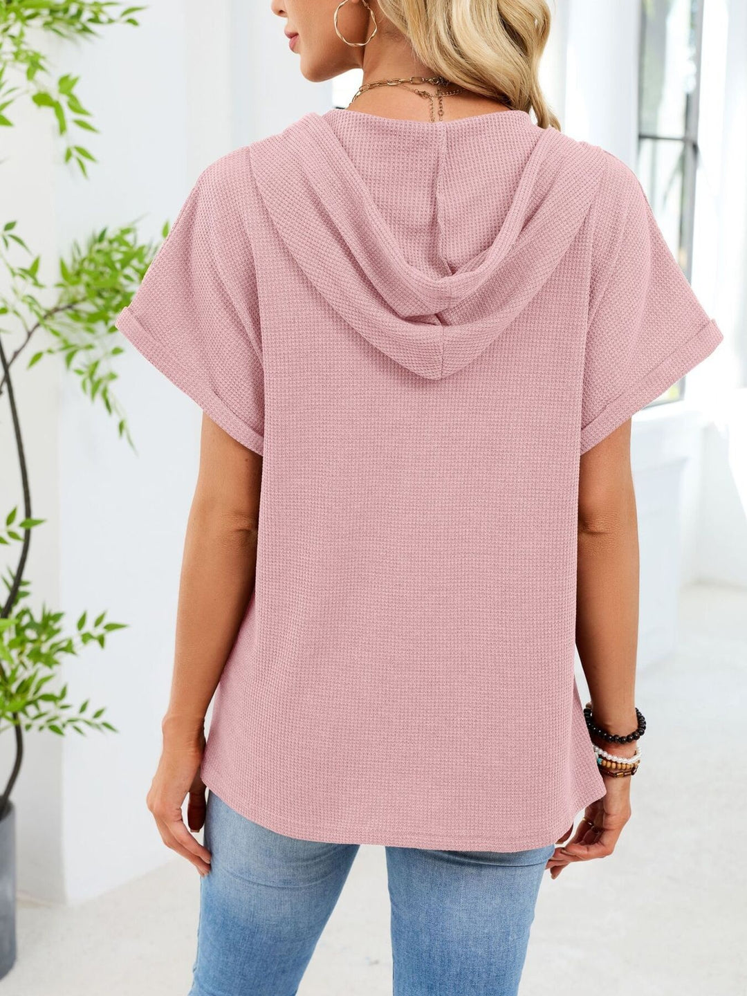 Waffle knit short-sleeve hoodie with button placket