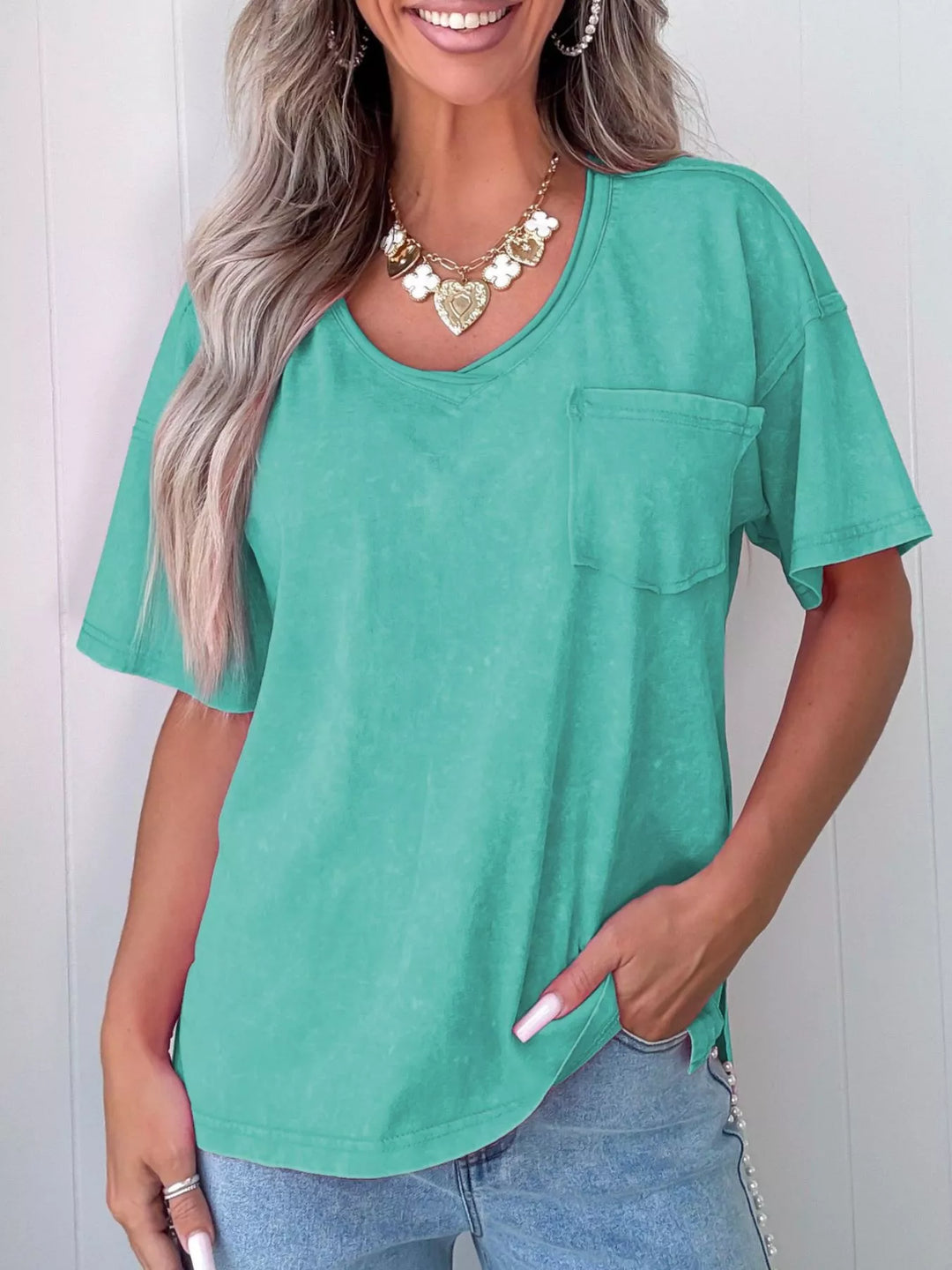 Turquoise Mineral wash V-neck cotton tee with chest pocket