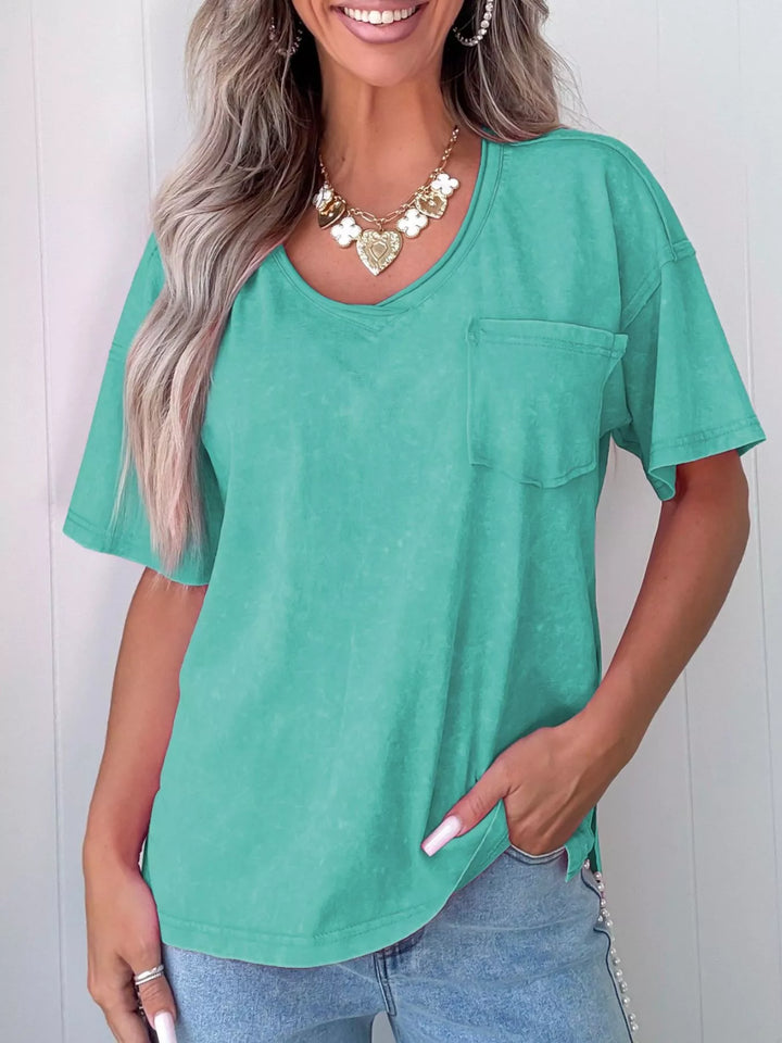 Turquoise Mineral wash V-neck cotton tee with chest pocket