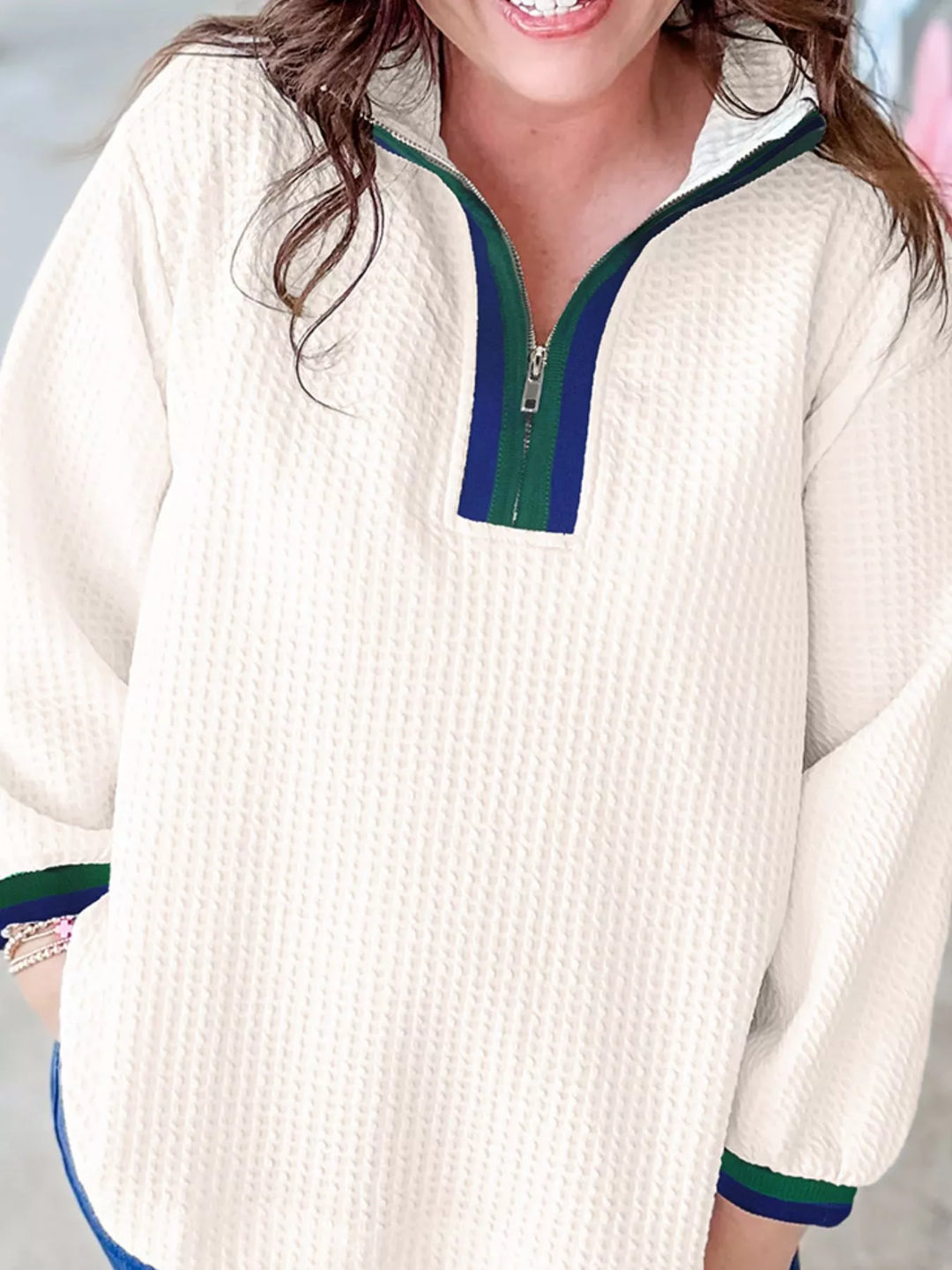 Waffle knit half-zip pullover with contrast collar trim