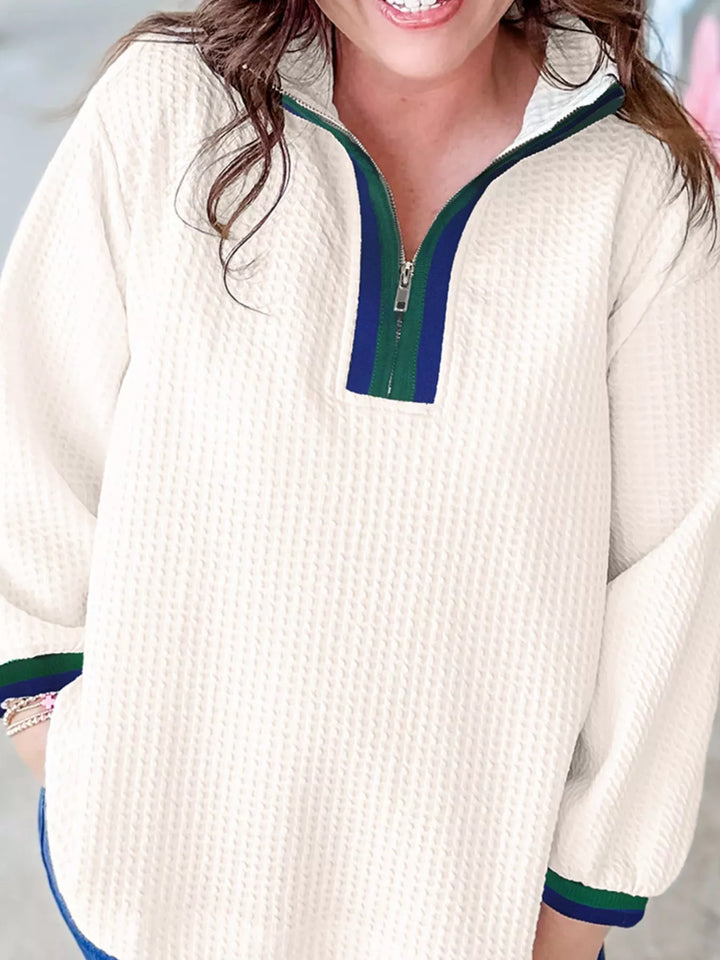 Waffle knit half-zip pullover with contrast collar trim