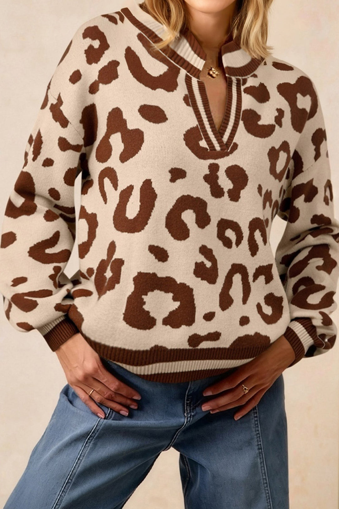 Leopard knit V-neck pullover with notched ribbed trim - Beige