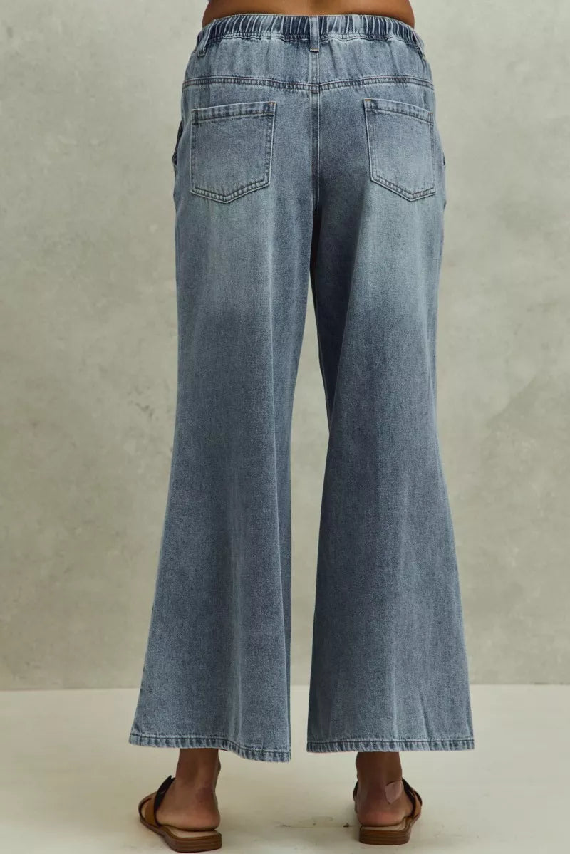 Pull-on mid-rise flare denim jeans with drawstring waist