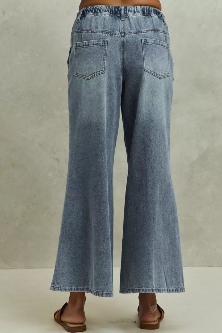 Pull-on mid-rise flare denim jeans with drawstring waist