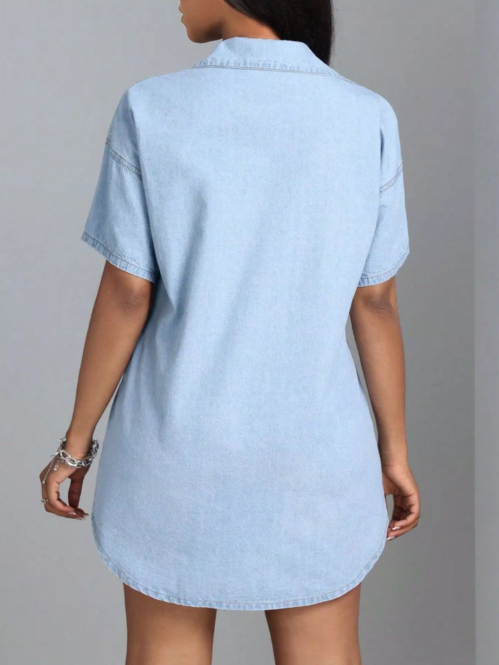Button-down short sleeve denim shirt mini dress