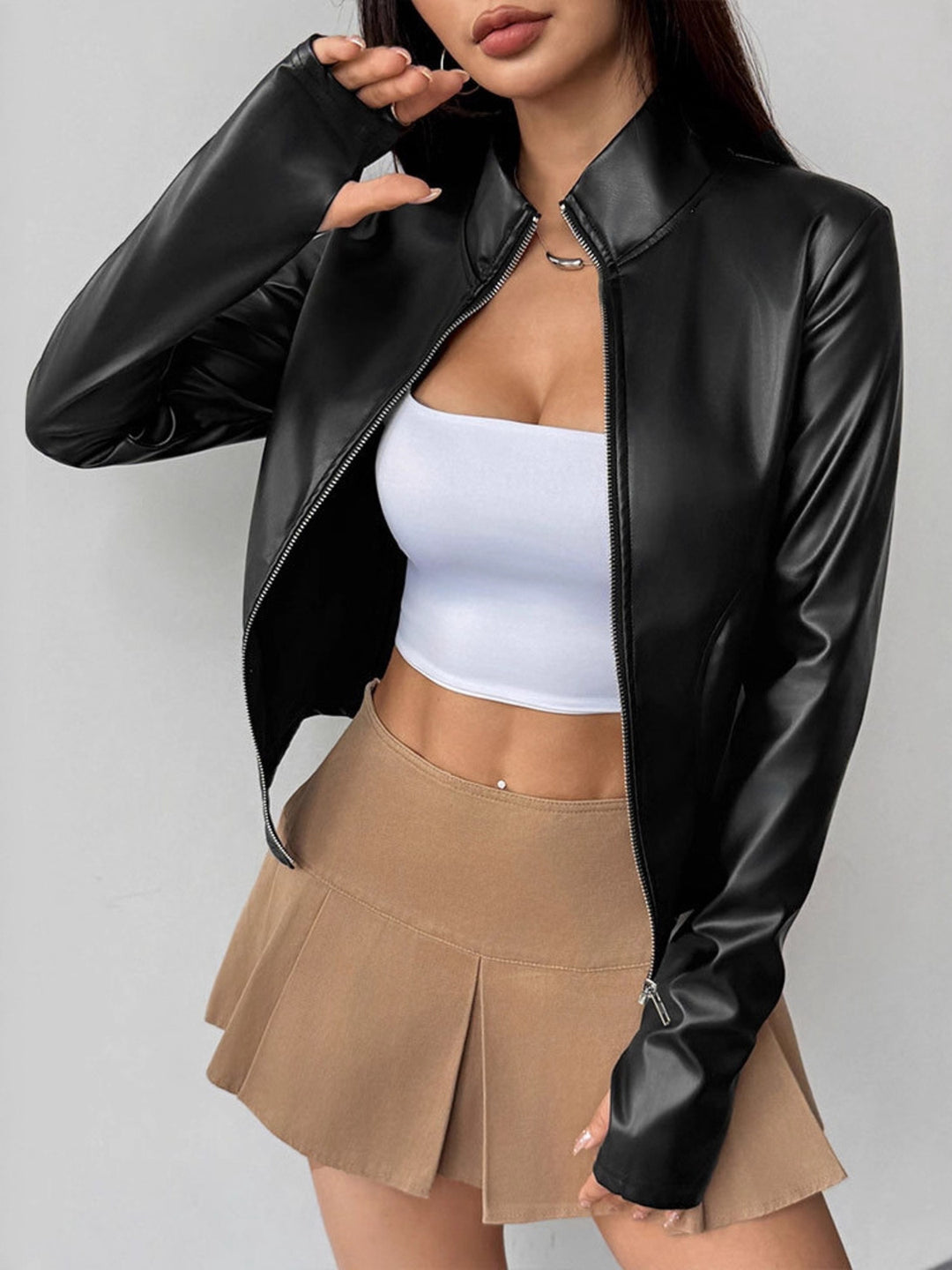 Fitted faux-leather jacket with stand collar and zip front