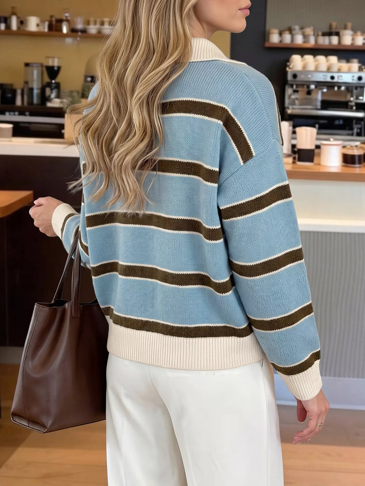 Striped knit polo collar sweater with button placket