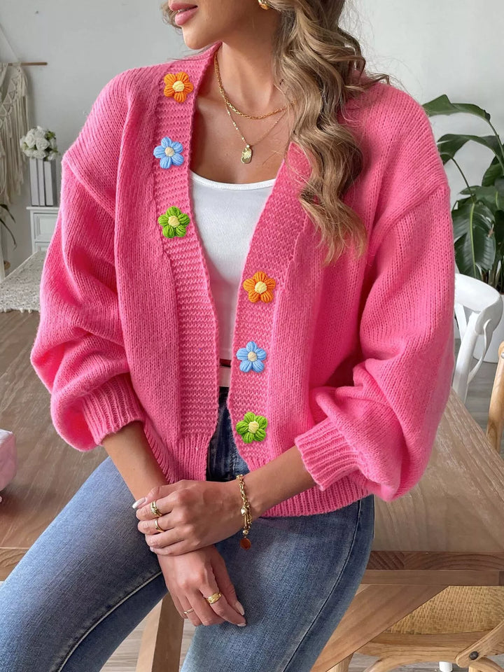 Rose Red Floral applique open front knit cardigan with ribbed trim