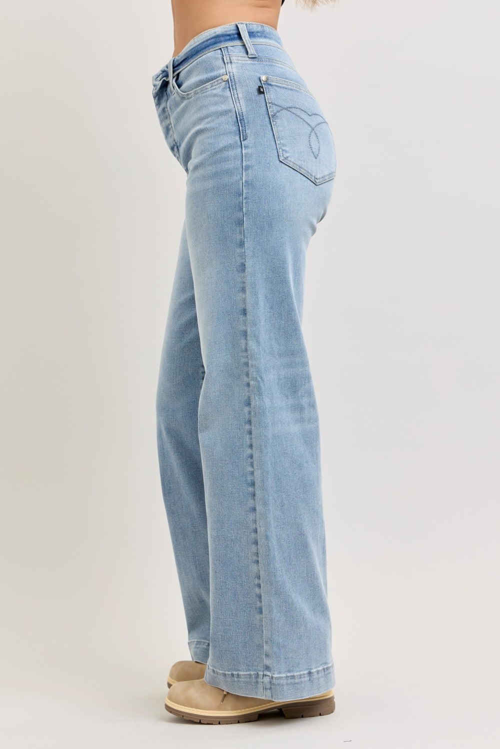 Mid-rise wide leg jeans with fold-over waistband