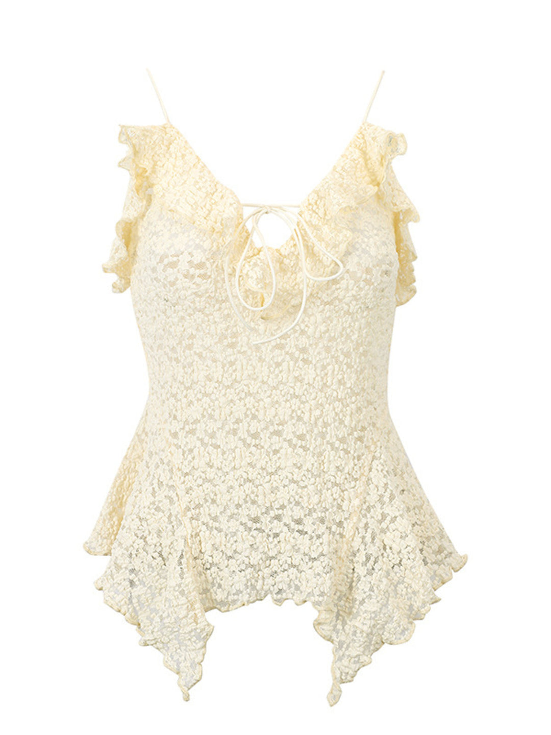 Lace tie-front cami with ruffle trim and asymmetric hem
