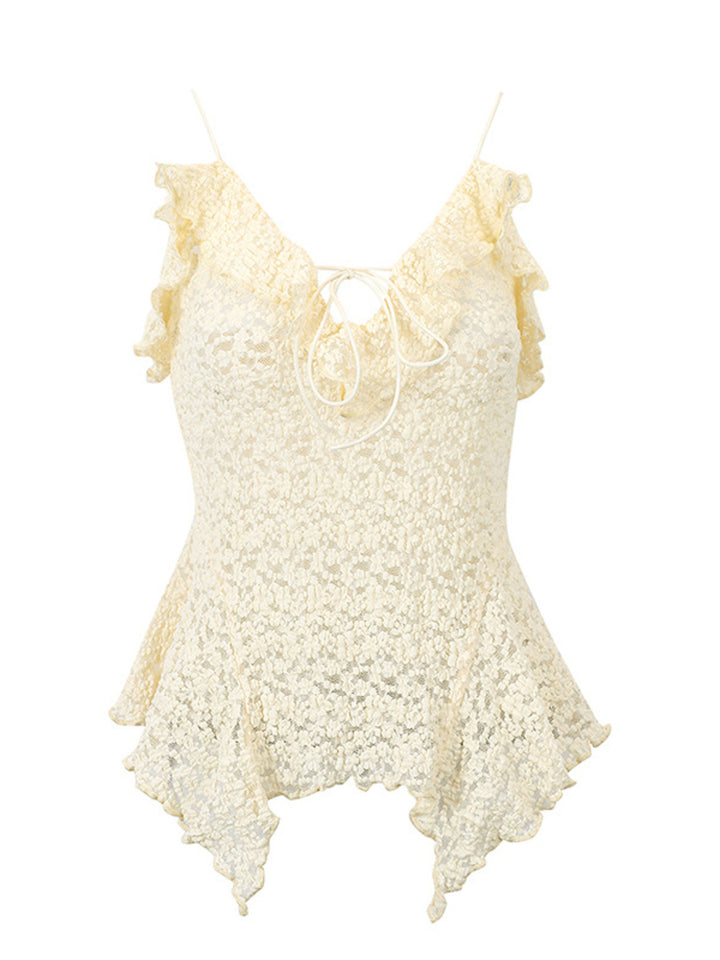 Lace tie-front cami with ruffle trim and asymmetric hem