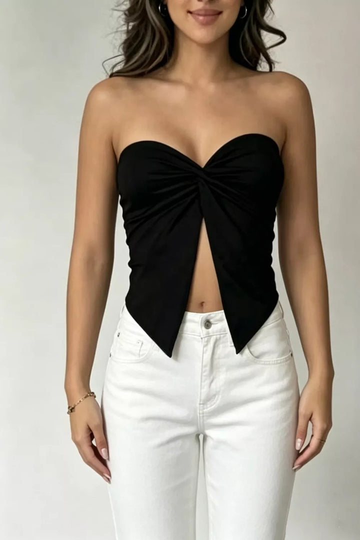 Black Twist front strapless tube top with split hem