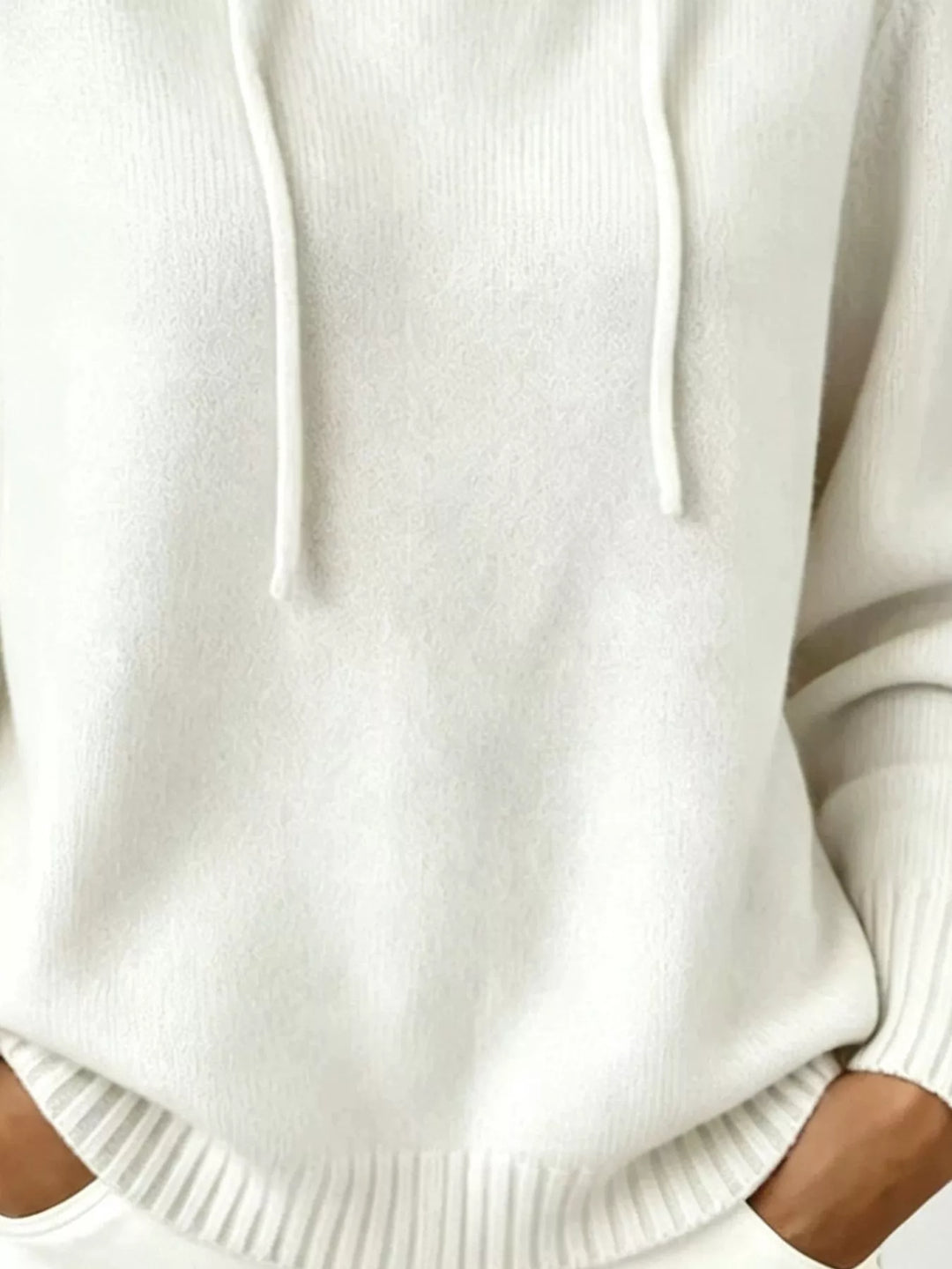 Drawstring hooded knit pullover sweater with ribbed trim