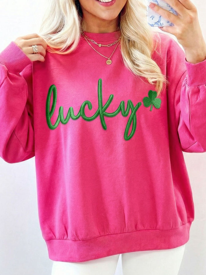 Embroidered lucky clover crewneck pullover sweatshirt