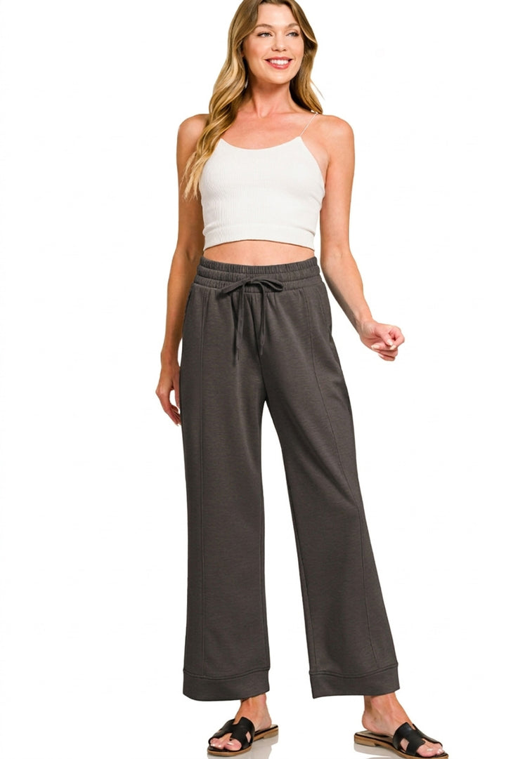 Wide-leg drawstring scuba pants with pin tuck seams